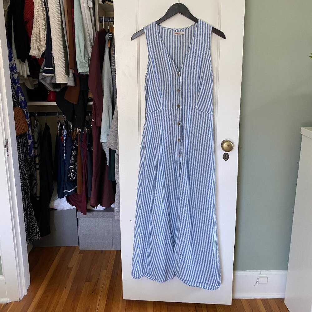 Faherty Midi Women's Linen Blue and White Striped Dress